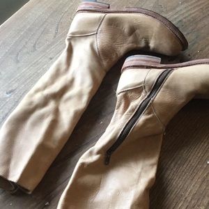 Bed Stu boots, knee high, tan, laces on back, zip closure